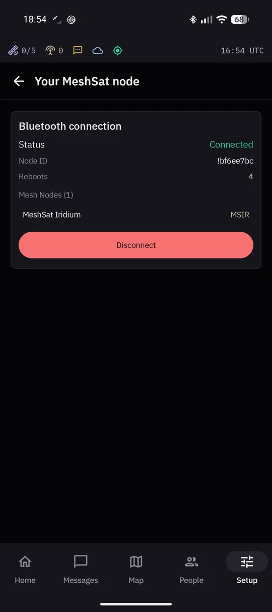 Your MeshSat node: Bluetooth connection connected, the node id, its reboot count and the node's own radio