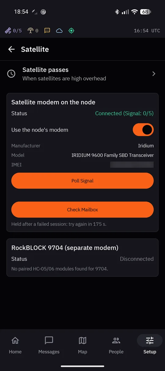 Satellite: passes, the node's modem connected with its signal, Use the node's modem switched on, and Poll Signal and Check Mailbox