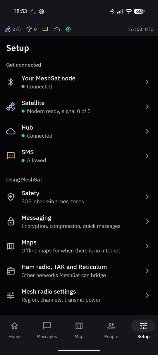 Setup: your MeshSat node, satellite, Hub and SMS, each with its status, then safety, messaging, maps, other networks and mesh radio settings